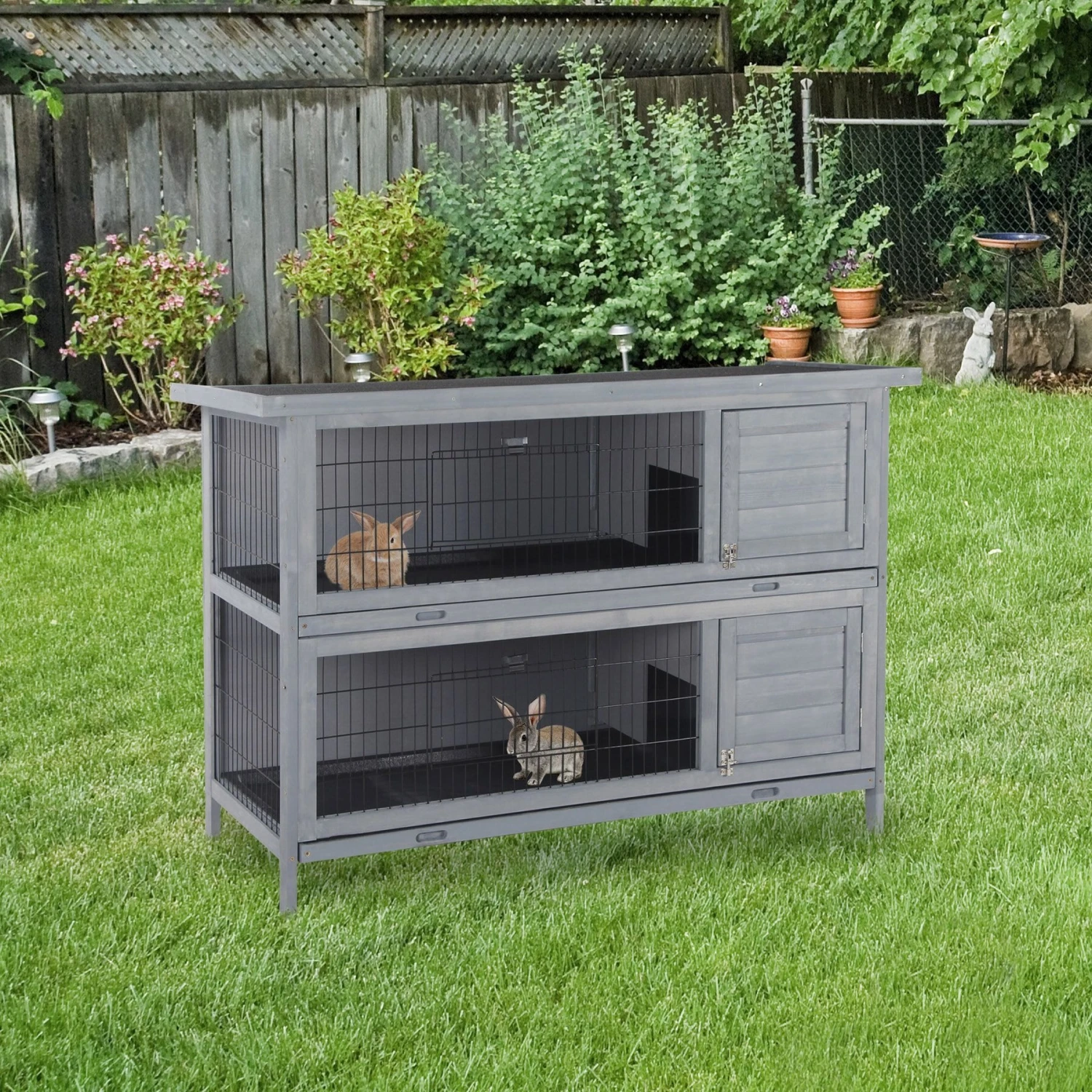 PawHut Raised Compact Dual Outdoor Wooden Rabbit Hutch 3 PawHut Raised Compact Dual Outdoor Wooden Rabbit Hutch - Image 3