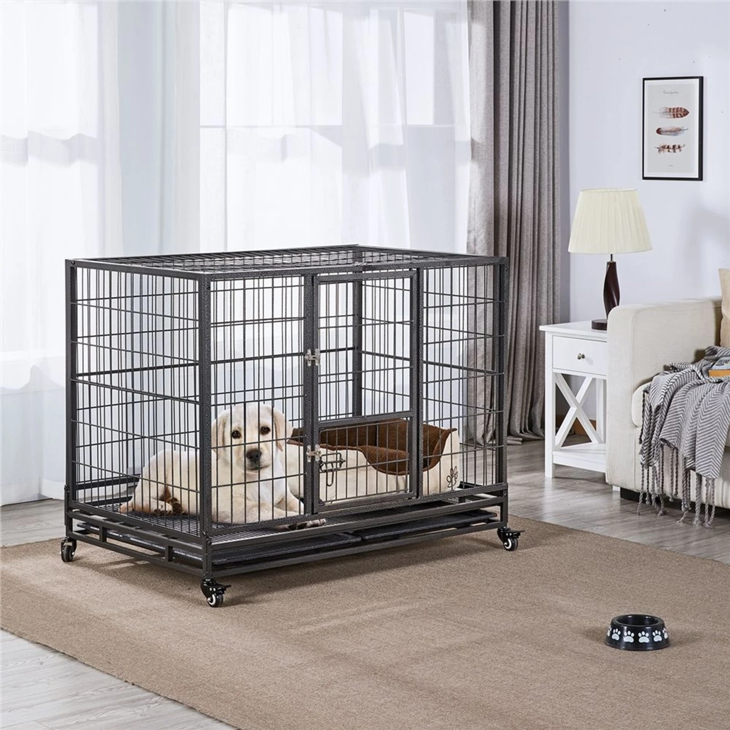 Yaheetech Wheels & Litter Pans Dog Crate, Black, 43-in 2 Yaheetech Wheels & Litter Pans Dog Crate, Black, 43-in - Image 2