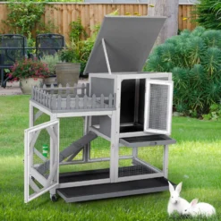 Coziwow Rolling Rabbit Hutch With Balcony & Tray, Grey -MiniMates Shop 583286 PT2. AC SS1800 V1661831215