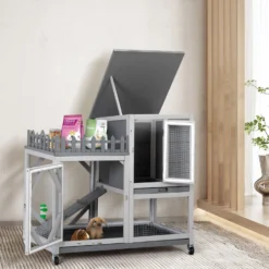 Coziwow Rolling Rabbit Hutch With Balcony & Tray, Grey -MiniMates Shop 583286 PT4. AC SS1800 V1661831604