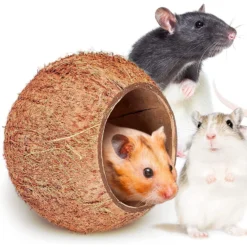 SunGrow Bedding & Sand Bath Container Cozy Hideout Coconut Hut Small-Pet Litter Box