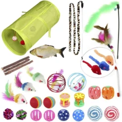 SunGrow Enrichment Toys For Cat & Ferret, Variety Pack With Crinkle, Mice & Bell Balls, Scratcher, Tunnel & Teaser Wand, 30 Count