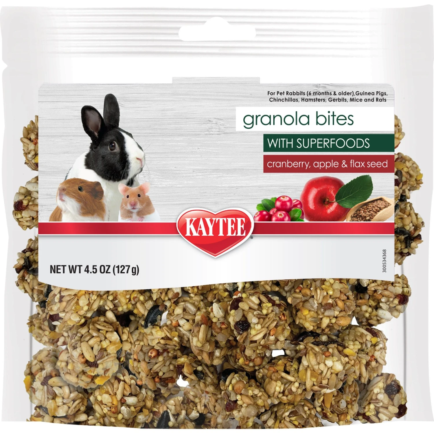 Kaytee Granola Small Animal Bites With Superfoods Cranberry Apple & Flax Small Pet Treats, 4.5-oz Bag 1 Kaytee Granola Small Animal Bites With Superfoods Cranberry Apple & Flax Small Pet Treats, 4.5-oz Bag