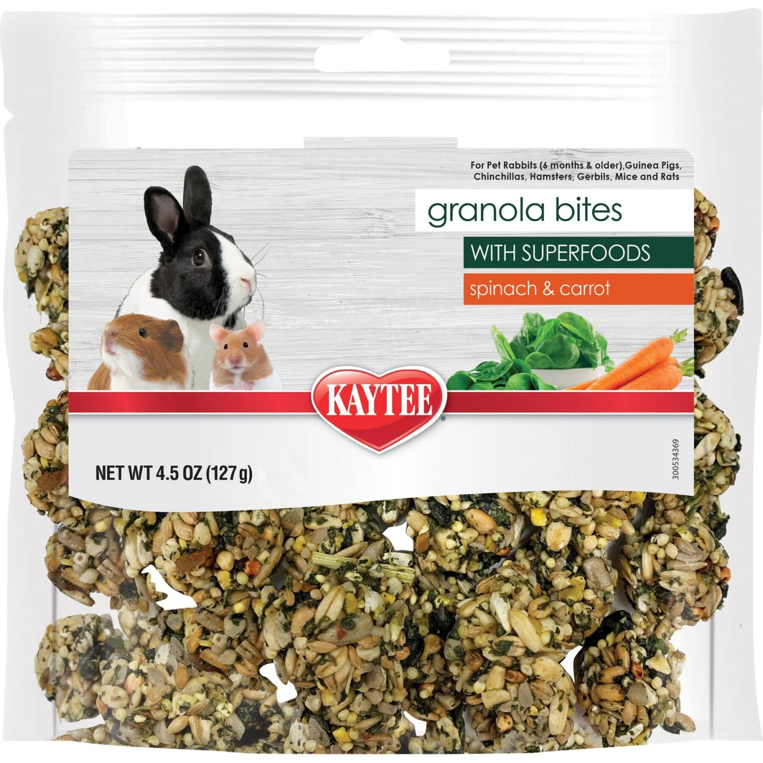 Kaytee Granola Small Animal Bites With Superfoods Spinach & Carrot Small Pet Treats, 4.5-oz Bag 1 Kaytee Granola Small Animal Bites With Superfoods Spinach & Carrot Small Pet Treats, 4.5-oz Bag